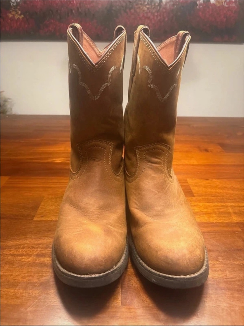 Justin Men’s Tan Leather Roper Cowboy Boots. Size 11.5 in Very Good Condition.